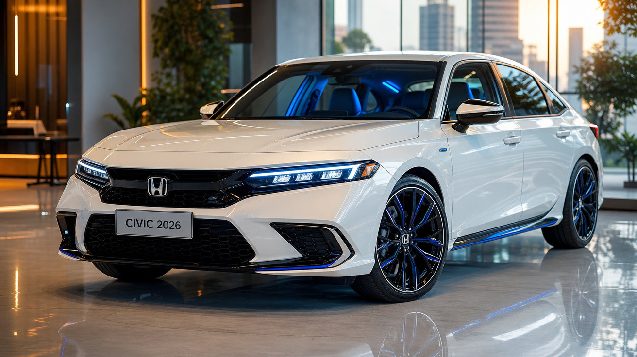Carro branco Honda Civic 2026 mostrado em ambiente interno moderno com rodas pretas e detalhes azuis.