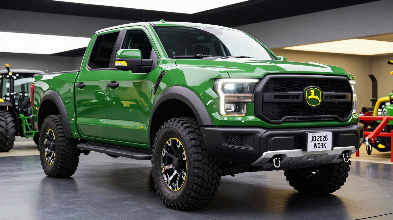 Picape verde John Deere com pneus off-road em exposição interna com iluminação moderna.