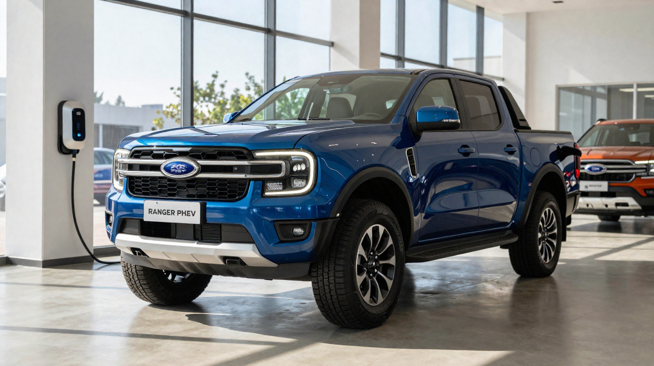 Picape azul Ford Ranger PHEV estacionada em showroom, conectada a carregador elétrico na parede.
