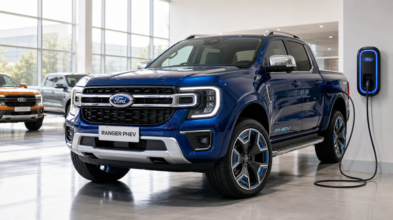 Picape azul Ford Ranger PHEV conectada a estação de carregamento em showroom.