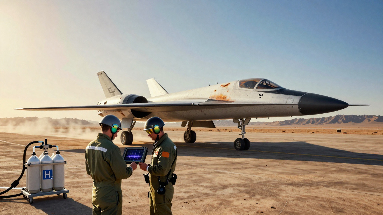 Dois militares com uniformes e protetores auriculares usando tablet perto de avião militar em deserto.