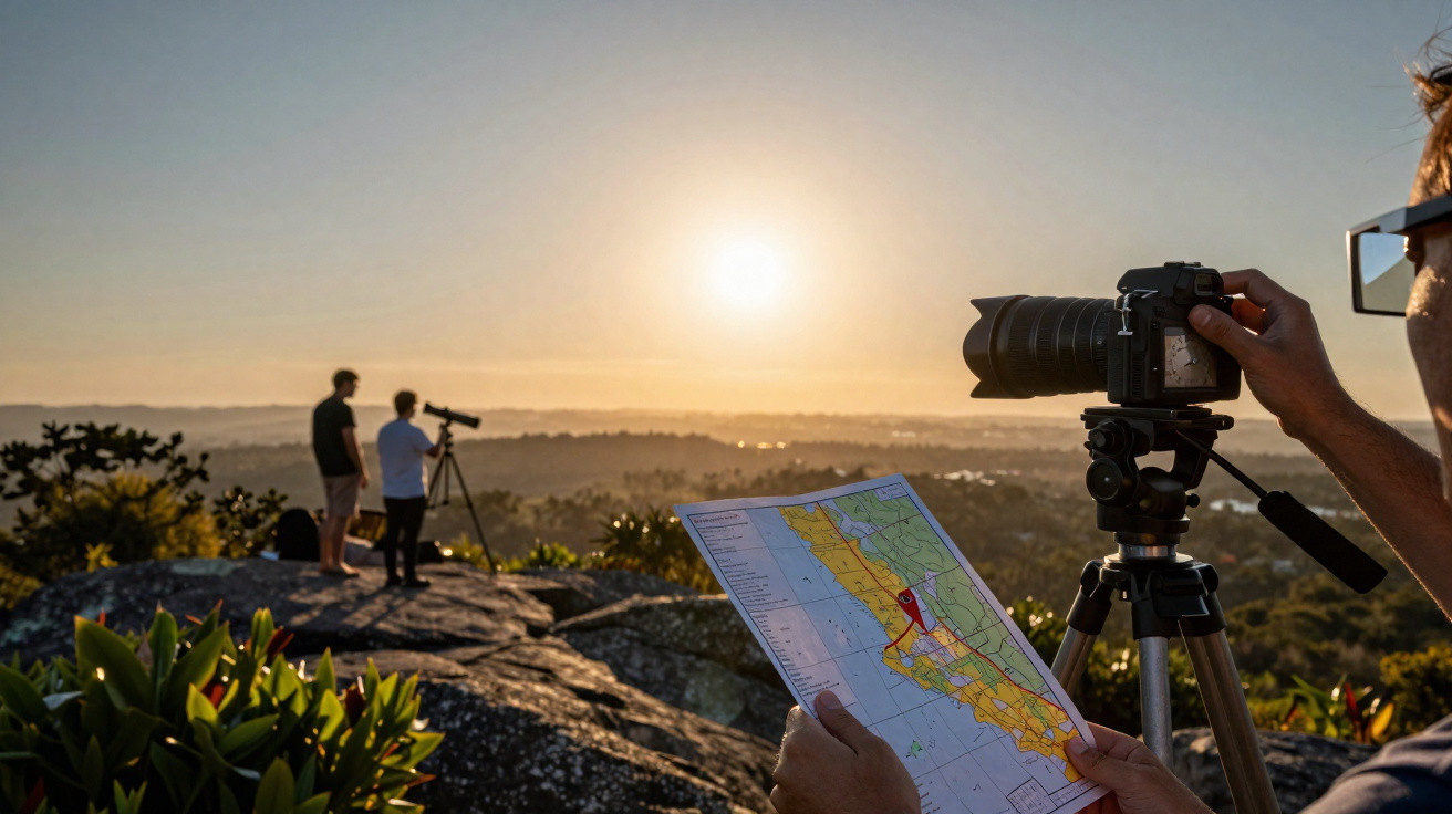Pessoa segurando mapa e câmera em tripé observa paisagem ao pôr do sol com duas pessoas ao fundo.