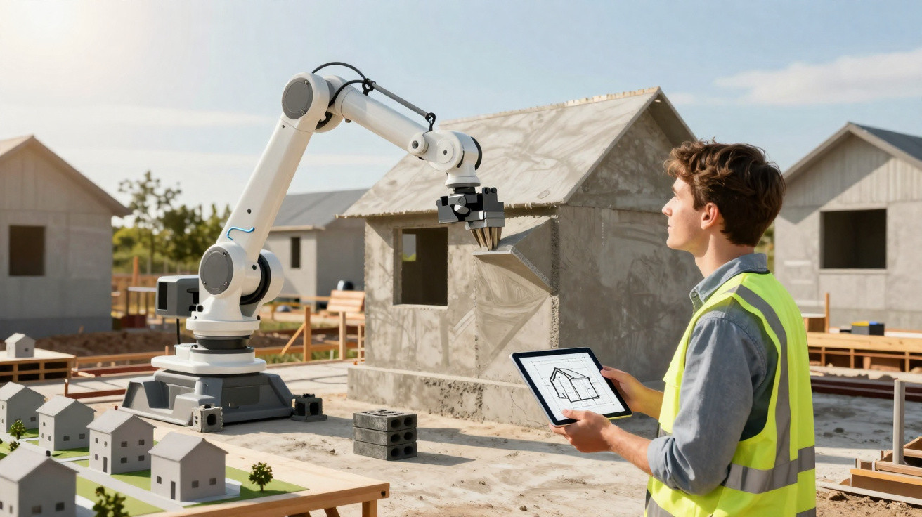 Homem com colete refletivo controla robô para construção de casa usando tablet em canteiro de obras.