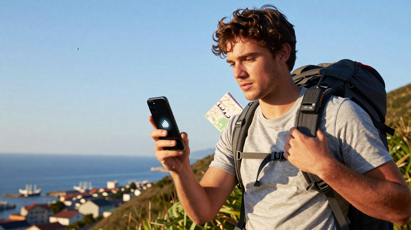 Jovem com mochila de trilha usa smartphone para se orientar, segurando mapa, com vista para cidade e mar ao fundo.