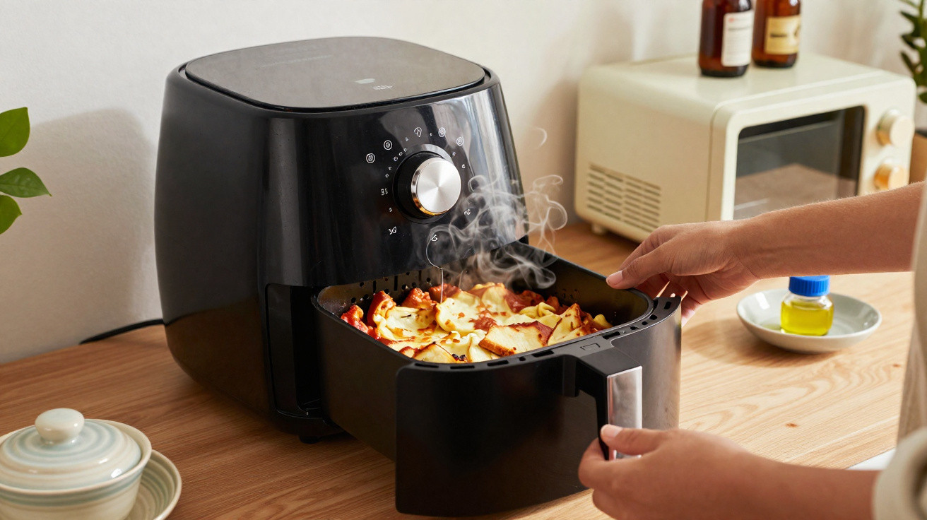 Pessoa retirando batatas fritas quentes e frescas de uma fritadeira elétrica preta em uma cozinha.