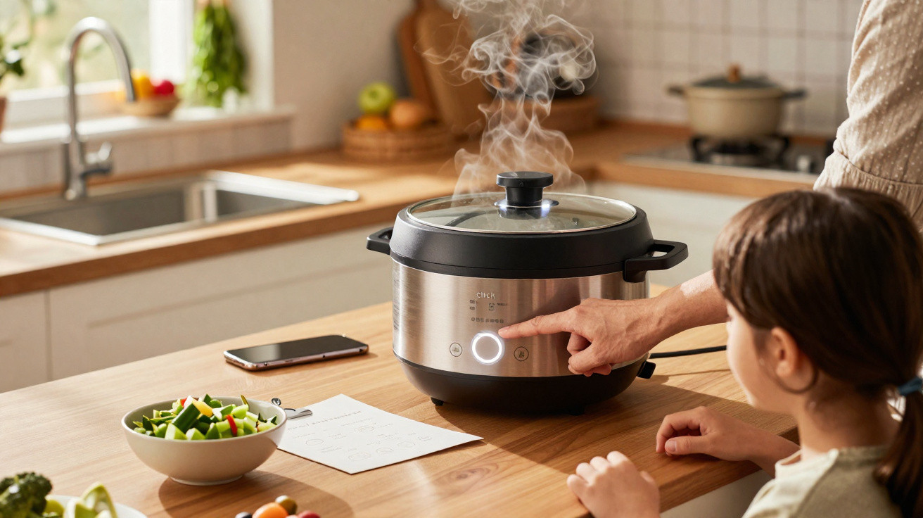 Pessoa ajustando panela elétrica de pressão na cozinha com criança observando e vapor saindo da tampa.