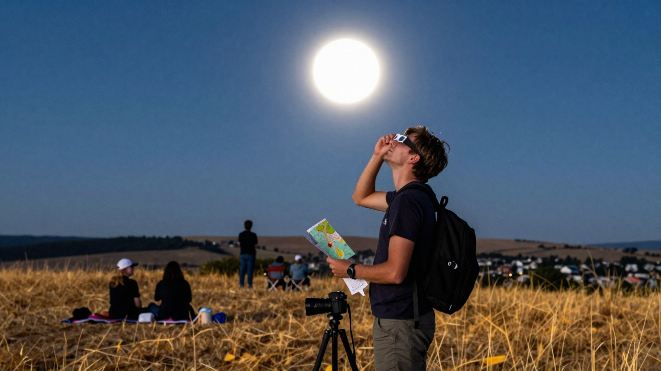 Jovem observa o eclipse solar com óculos especiais, segurando mapa, em campo seco com pessoas ao fundo.