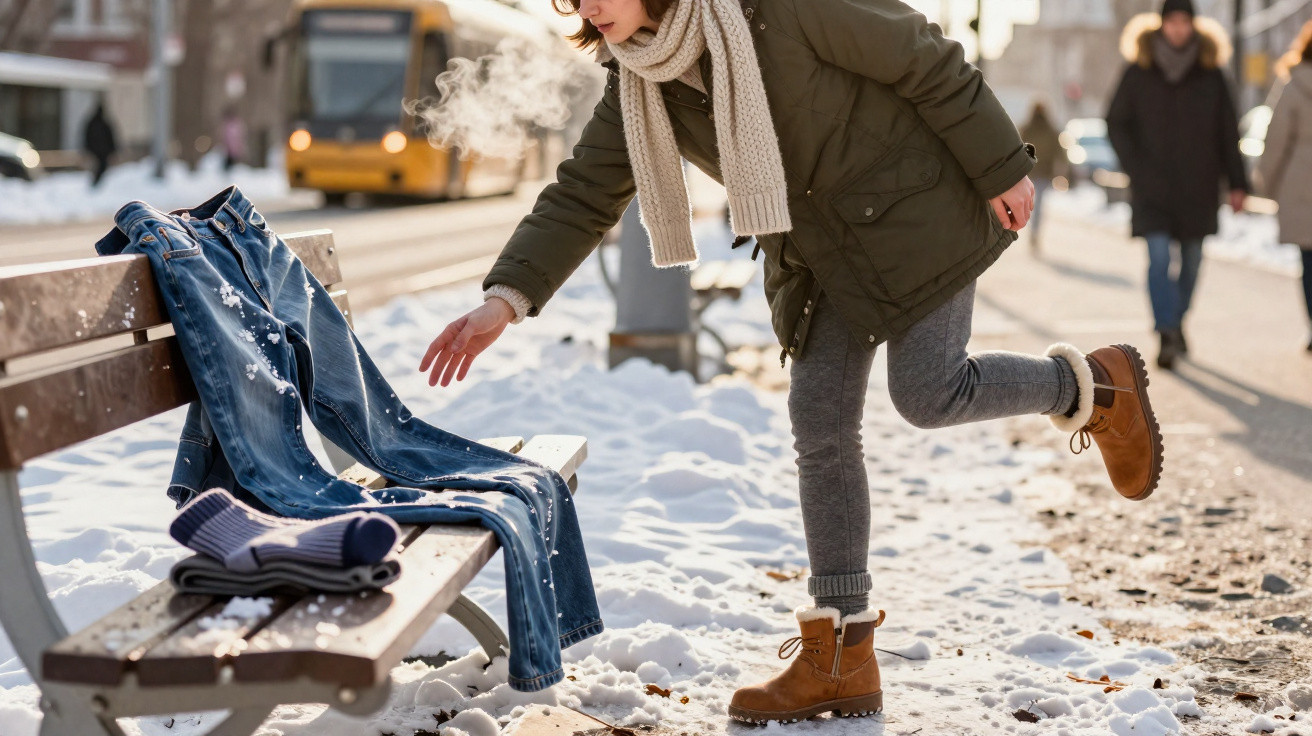 Pessoa vestida para o frio joga bolas de neve em jaqueta jeans sobre banco em calçada coberta de neve.