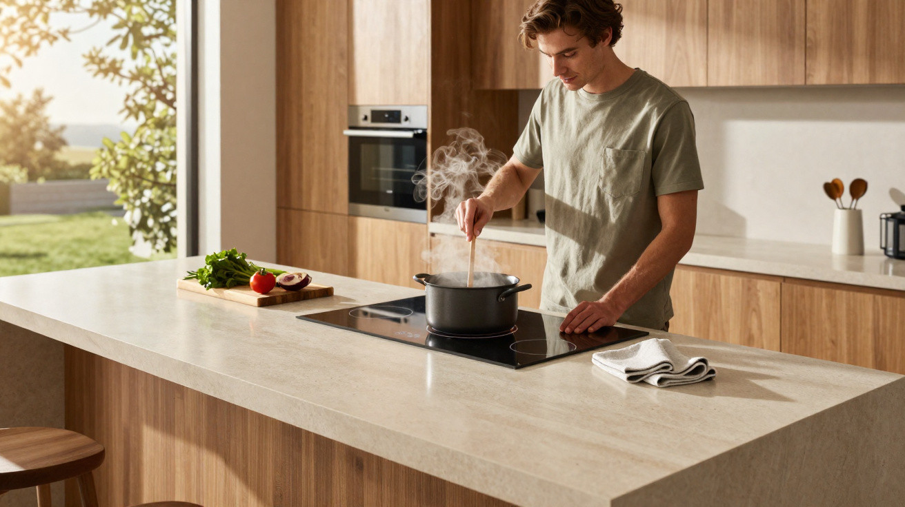 Homem cozinhando em cozinha moderna com bancada de pedra e legumes frescos ao lado.