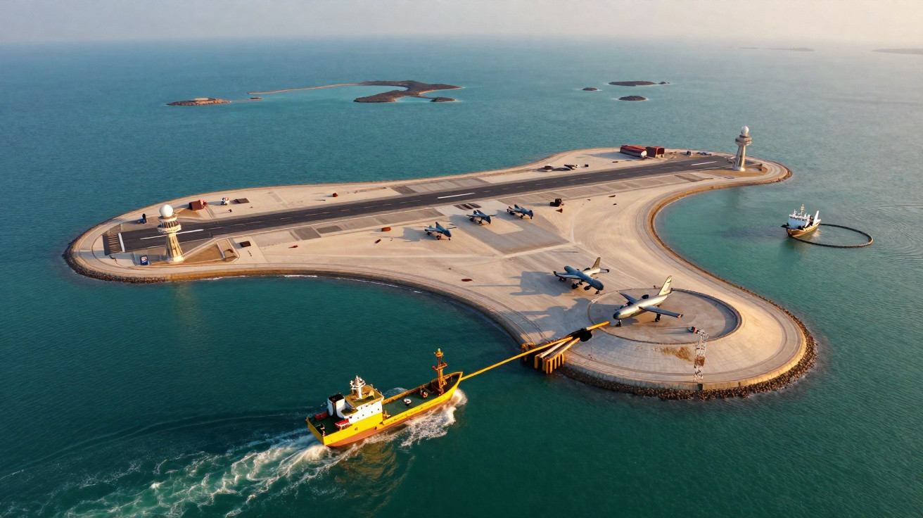 Ilha artificial com pista de pouso, aviões estacionados e barcos ao redor no mar calmo.