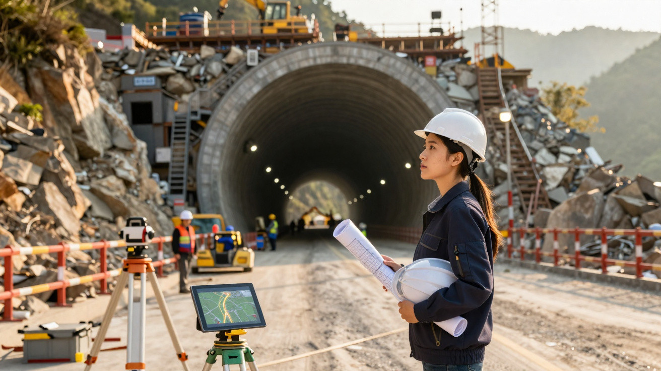 Engenheira com capacete e plantas em obra de construção de túnel rodoviário em área montanhosa.