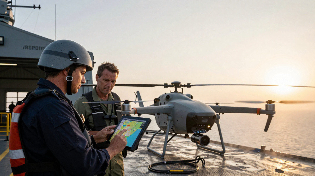 Dois homens operam drone militar com tablet em plataforma naval ao pôr do sol.