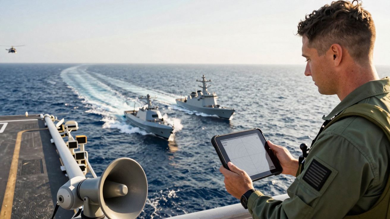 Homem em uniforme marítimo usando tablet em navio com dois navios militares e helicóptero no mar ao fundo.