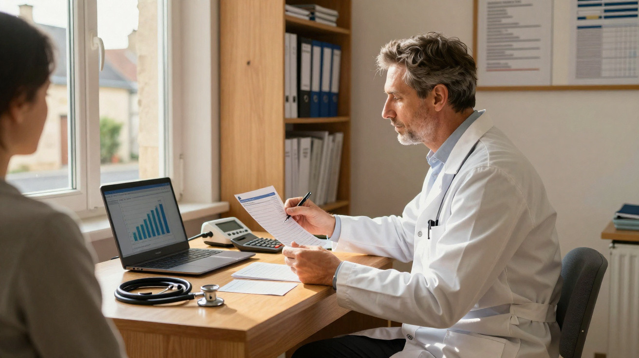 Médico analisando gráficos em papel durante consulta com paciente em consultório iluminado.