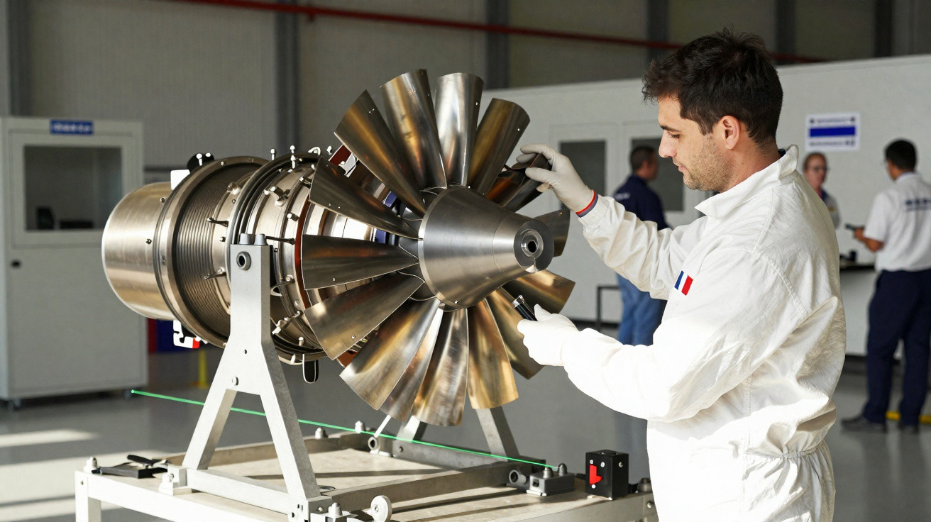 Homem em macacão branco ajusta turbina metálica em laboratório industrial.