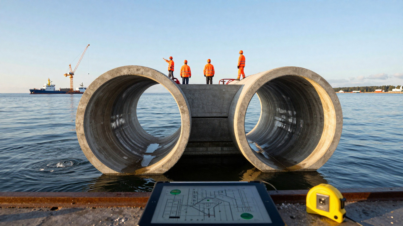 Quatro trabalhadores com coletes laranjas em estrutura de concreto sobre a água, com barco e guindaste ao fundo.