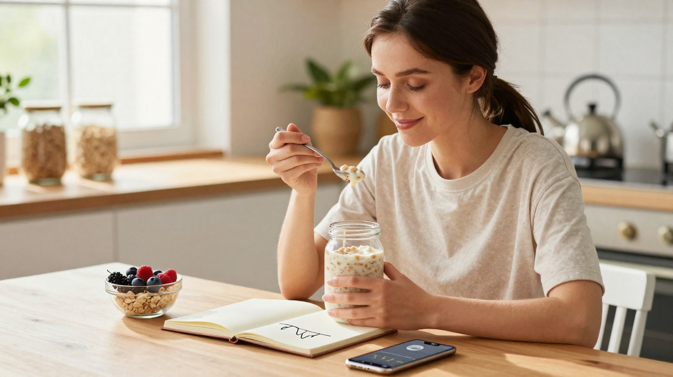 Mulher sorrindo comendo iogurte de frutas sentado à mesa com smartphone e caderno aberto na cozinha.