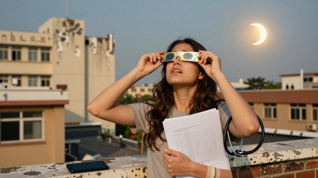 Mulher observa eclipse solar com óculos especiais segurando documentos, em área urbana ao entardecer.