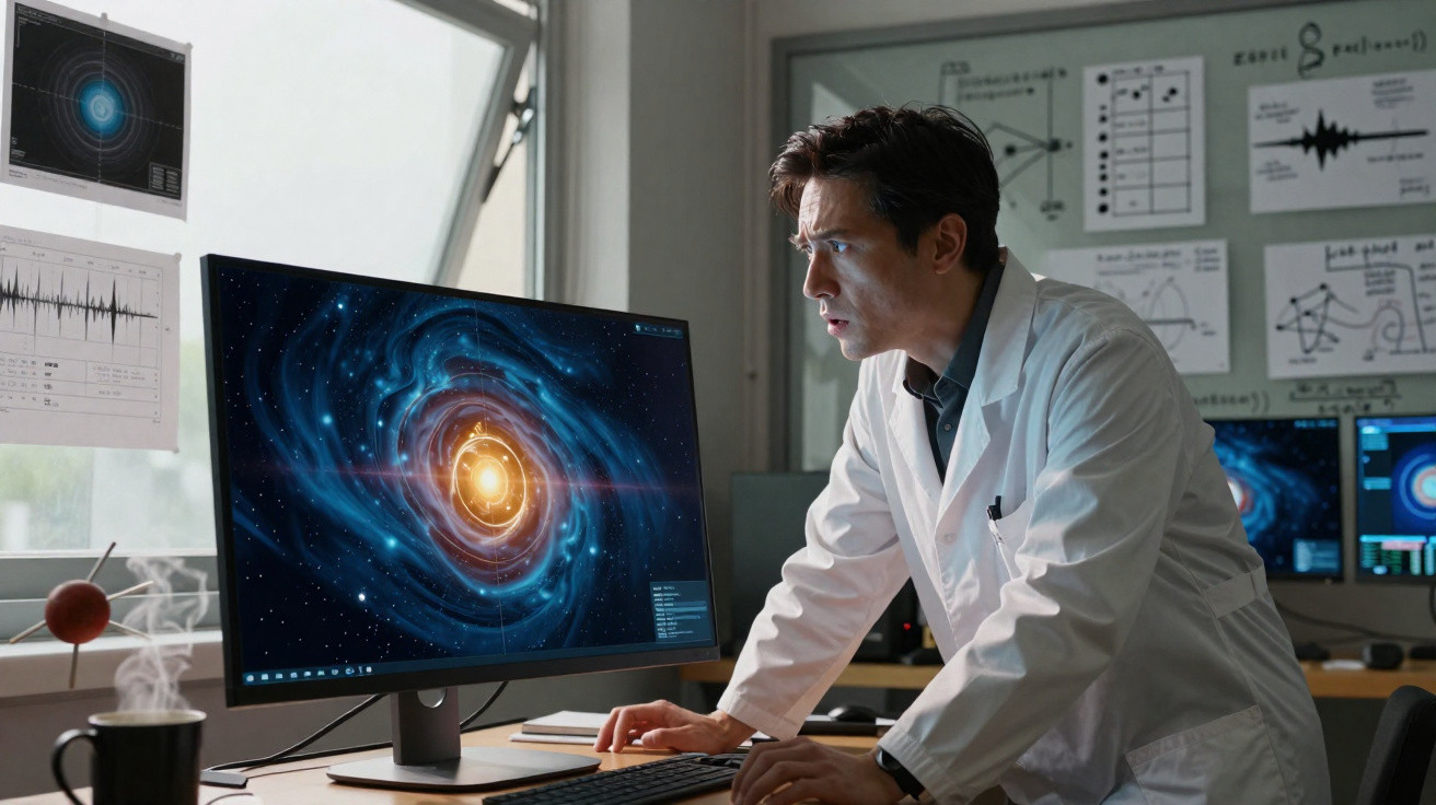 Cientista em jaleco observa tela com imagens do espaço em laboratório cheio de gráficos científicos.