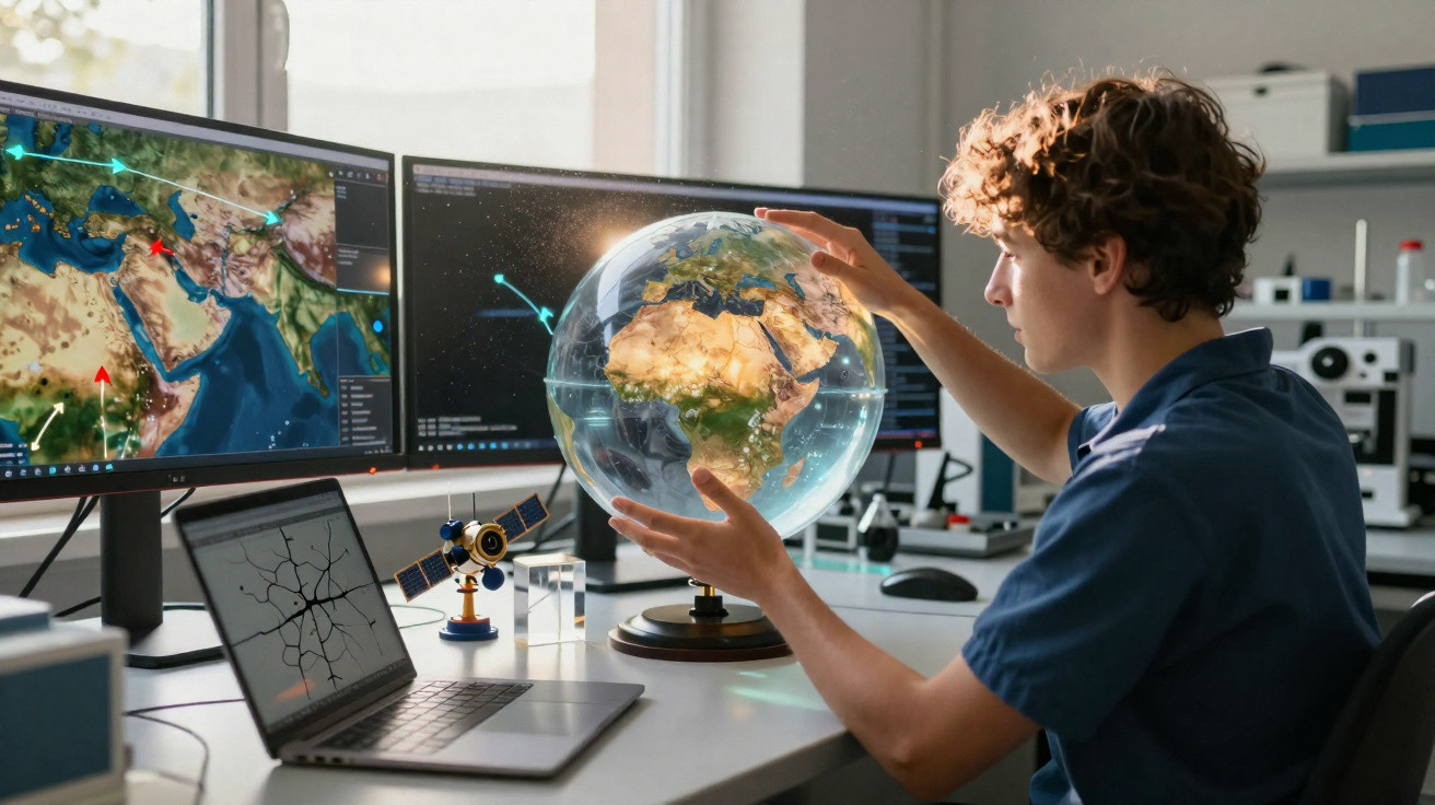 Jovem em estação de trabalho com globos terrestres e telas mostrando mapas e dados de satélite.