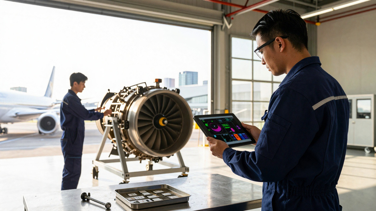 Dois técnicos em macacões azuis inspecionam motor de avião em hangar, um com tablet e outro ajustando equipamento.