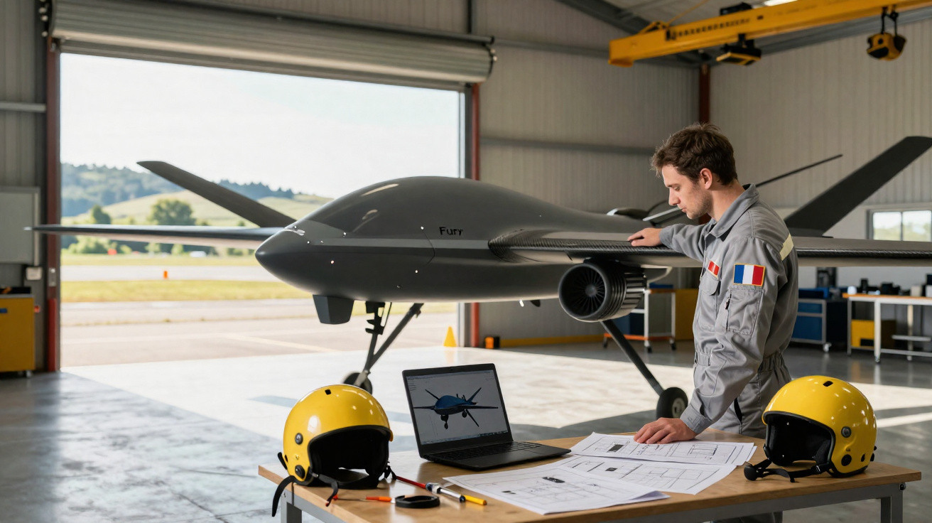 Homem em macacão cinza inspecionando drone grande cinza em hangar com capacetes amarelos e laptop na mesa.