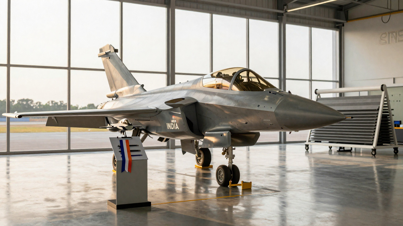 Caça supersônico cinza estacionado dentro de um hangar iluminado por grandes janelas.