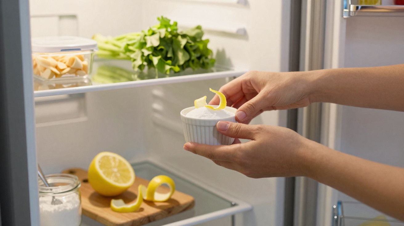 Mãos segurando recipiente com creme e raspas de limão dentro de geladeira com alimentos frescos.