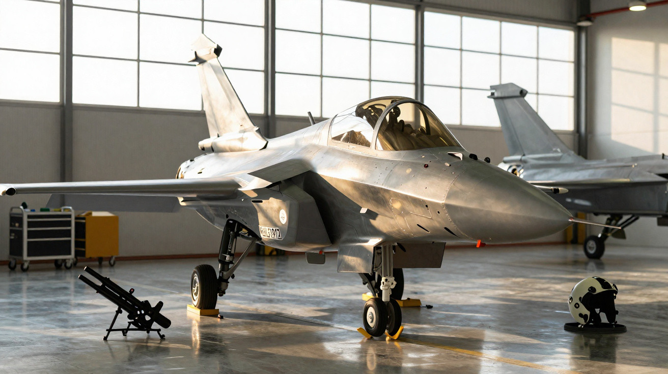 Caça tático militar estacionado em hangar iluminado por luz natural, com equipamento ao lado.