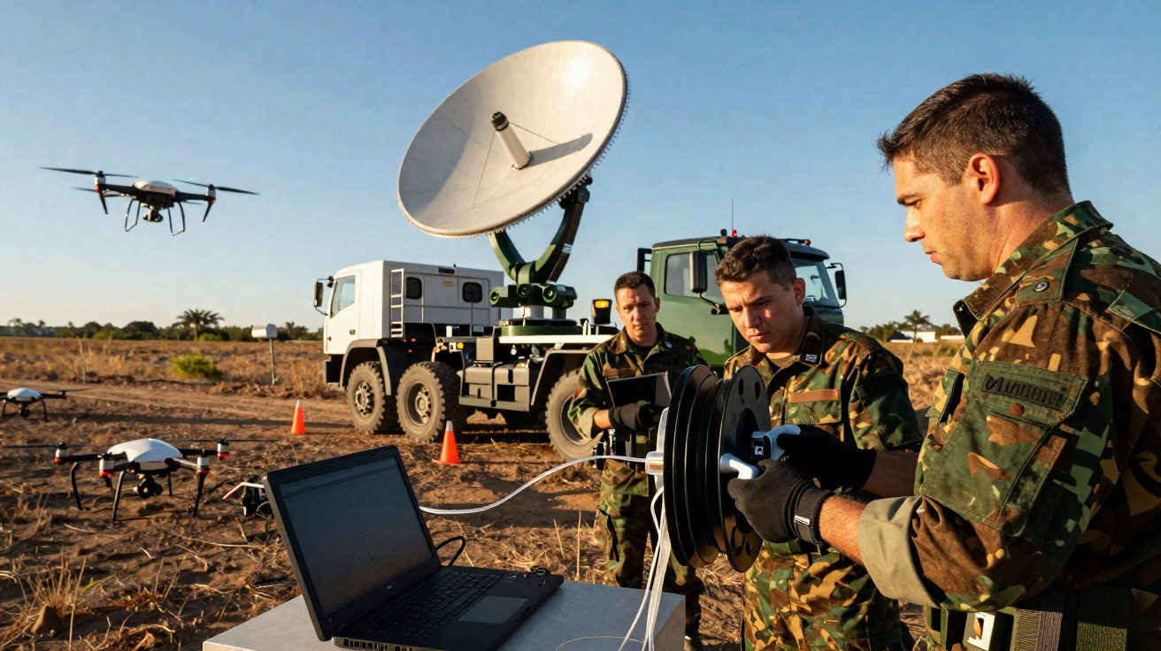Militares em operação com drones, laptop e antena parabólica em área rural ao entardecer.