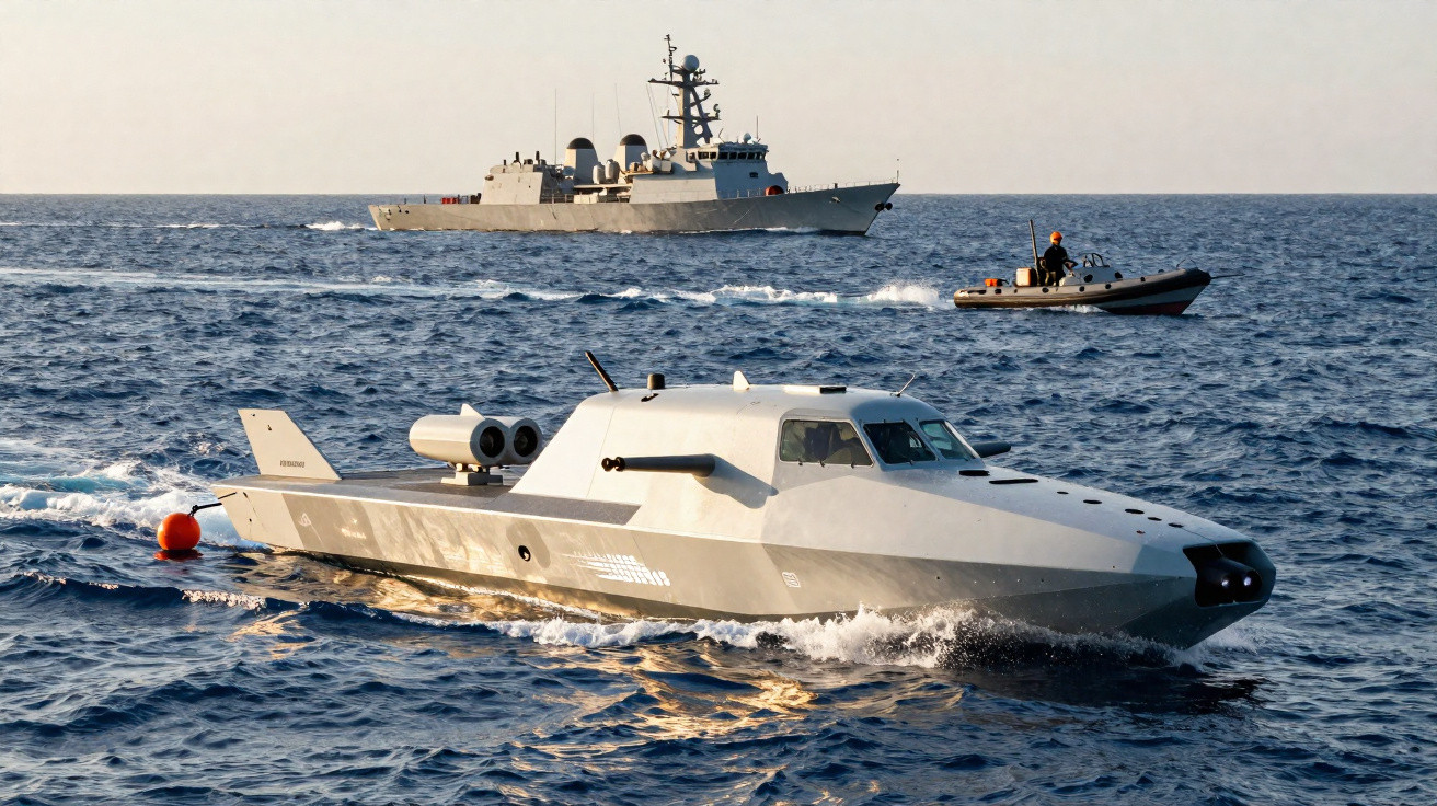 Veículo naval não tripulado avançado com dois barcos militares ao fundo em mar calmo.