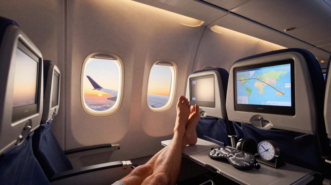 Pés apoiados em poltrona na classe executiva de avião, com telas, relógio e vista do avião no céu ao pôr do sol.
