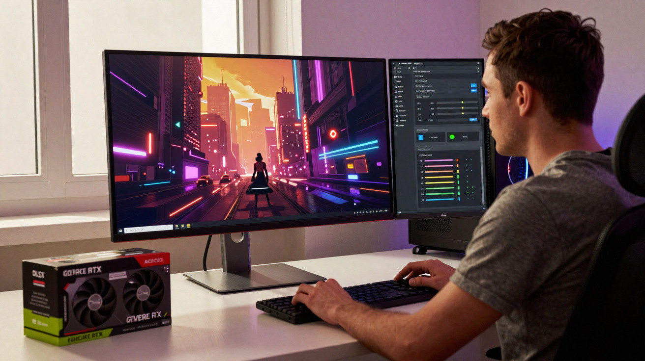 Homem usando computador com dois monitores, um exibindo arte digital futurista, sobre mesa branca.