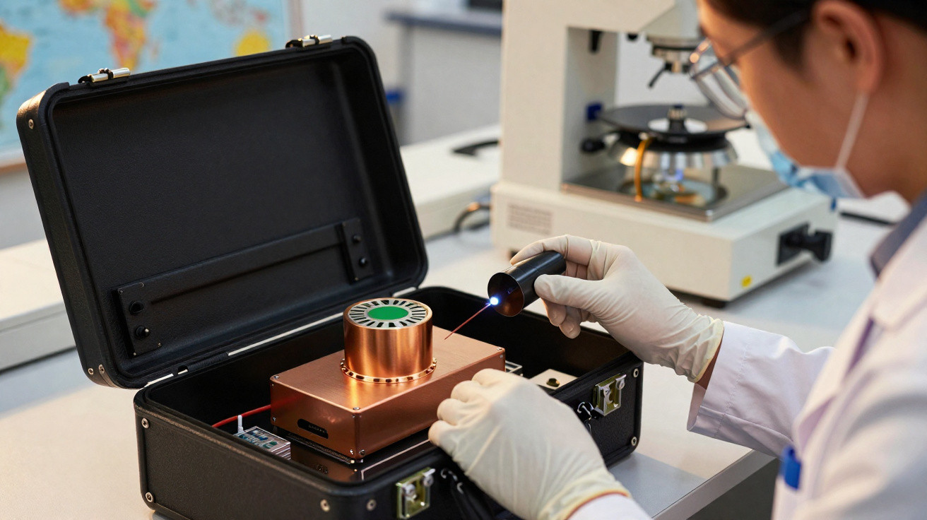 Cientista em laboratório operando equipamento eletrônico com laser dentro de maleta preta.