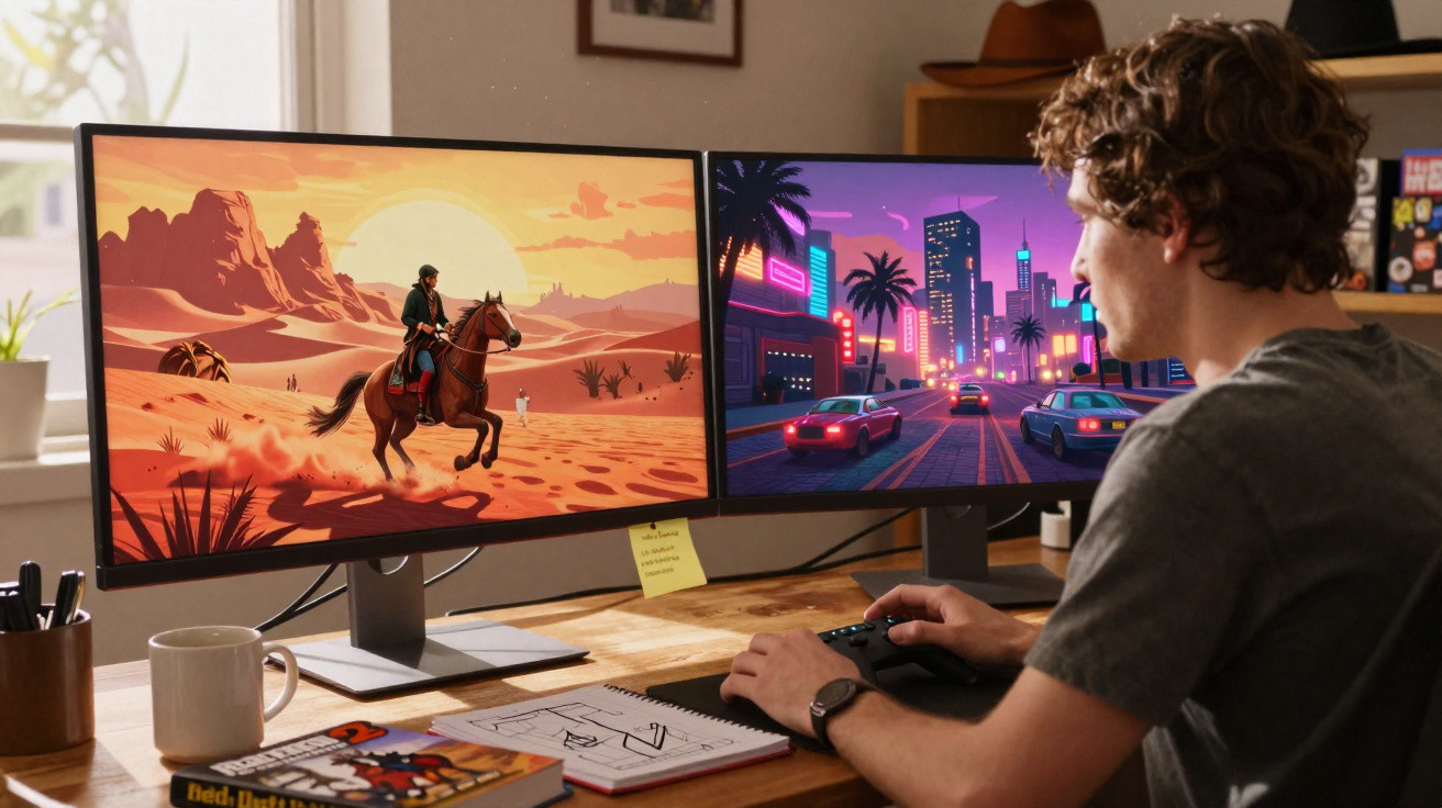 Homem jogando videogame em computador com dois monitores exibindo cenas de deserto e cidade neon.