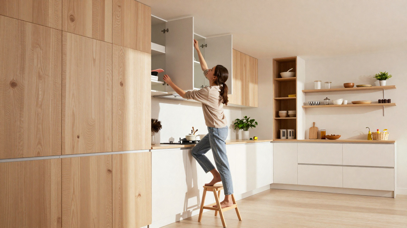 Mulher em cozinha moderna, abrindo armário alto enquanto está em banquinho de madeira.