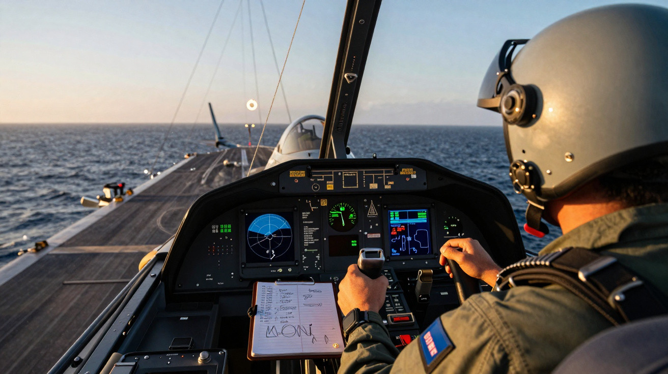 Piloto militar operando helicóptero com vista para porta-aviões e mar aberto ao entardecer.