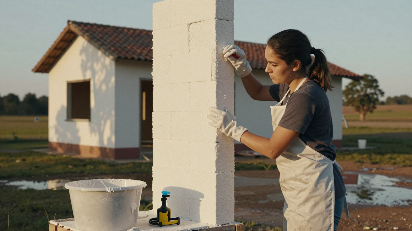 Jovem mulher usando luvas e avental trabalha em construção com bloco branco ao ar livre.