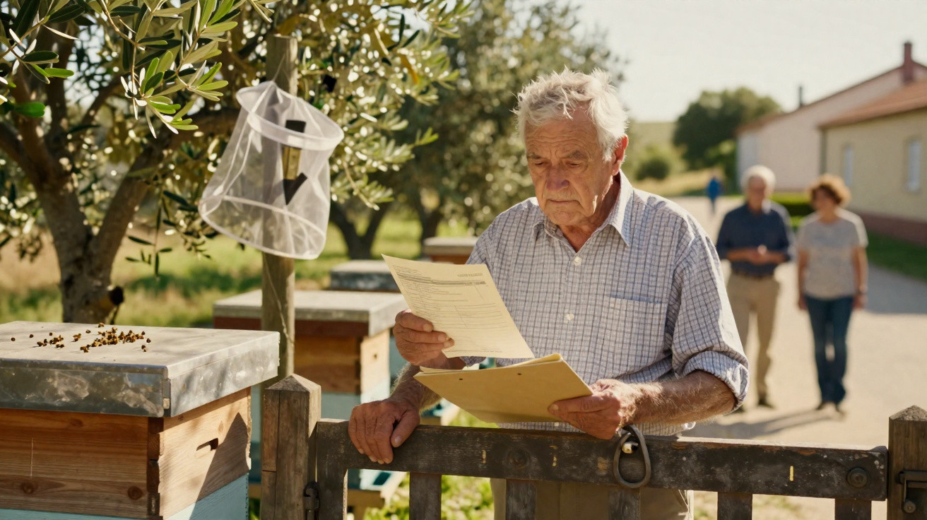 Idoso analisando documentos próximo a colmeias em área rural ensolarada, com duas pessoas ao fundo caminhando.