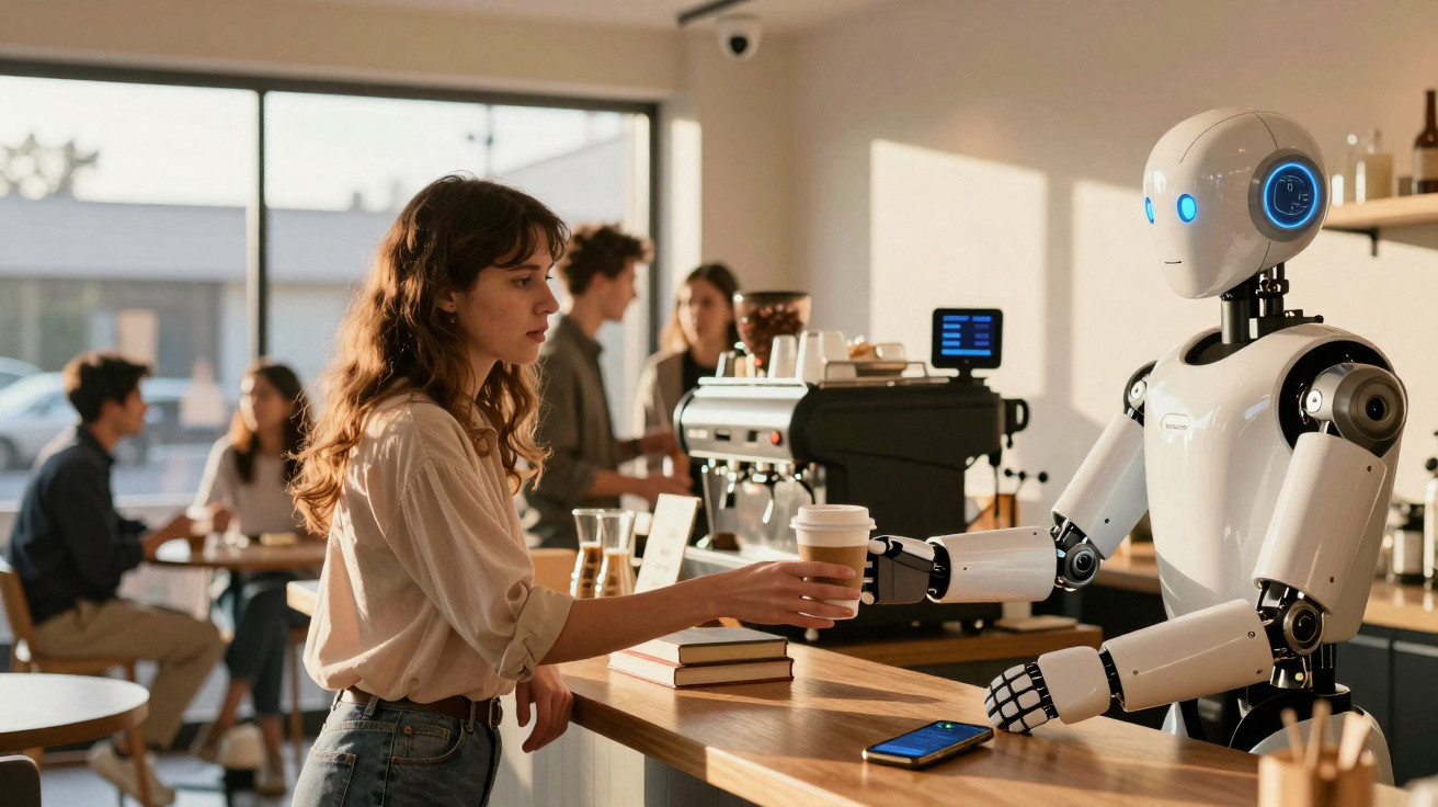 Mulher recebendo café de um robô em café moderno com pessoas ao fundo.