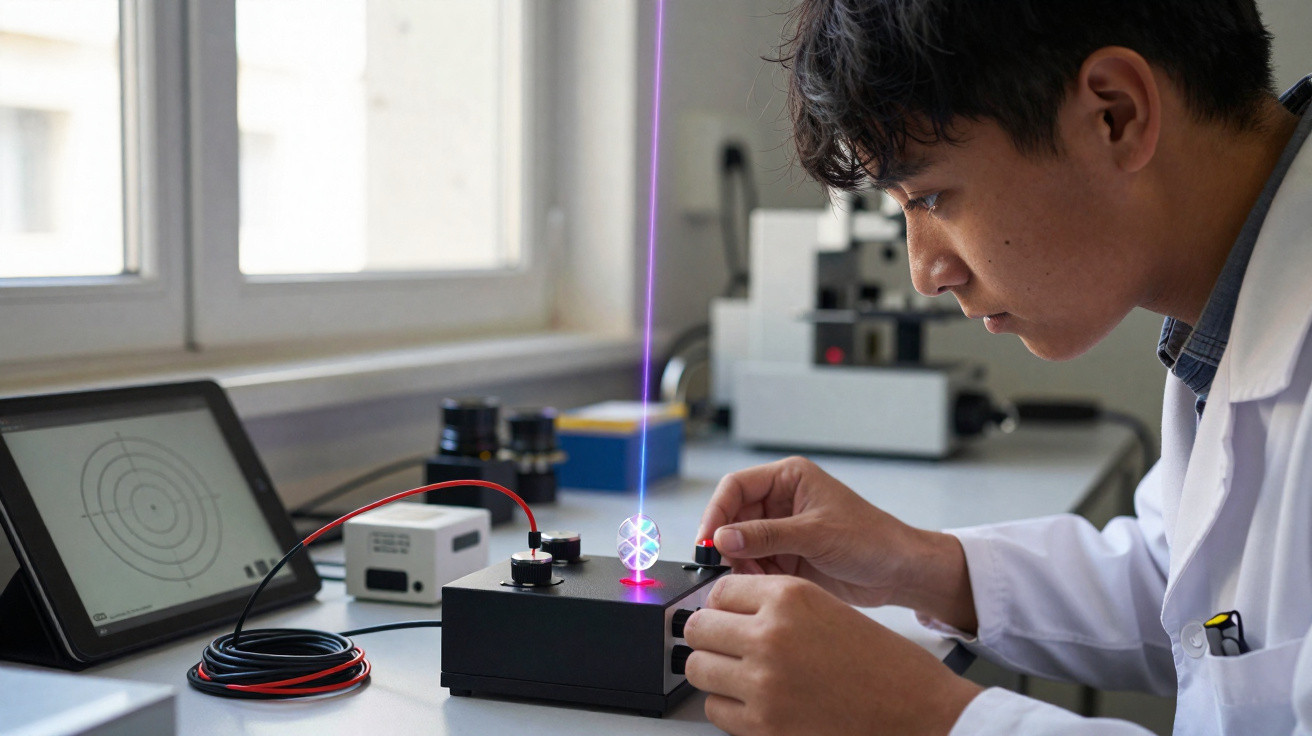 Jovem cientista em laboratório ajusta equipamento com laser roxo e monitor com alvo circular.