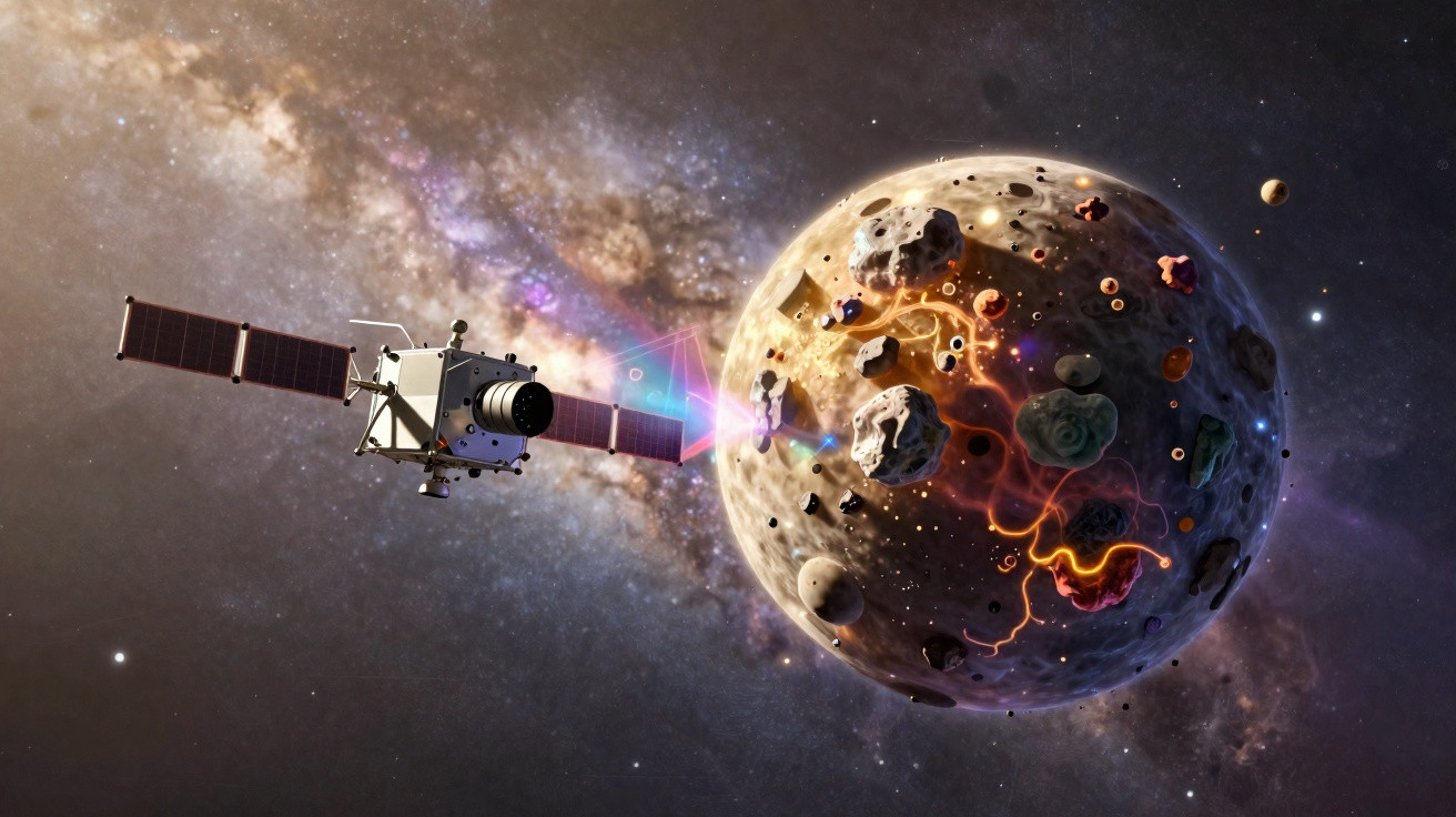 Sonda espacial analisando superfície rochosa ativa com fissuras luminosas no espaço sideral.