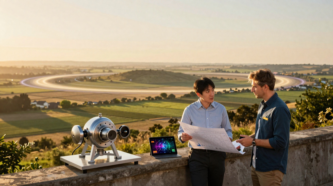 Dois homens discutem projetos ao ar livre com equipamento tecnológico e paisagem de campo ao fundo ao pôr do sol.