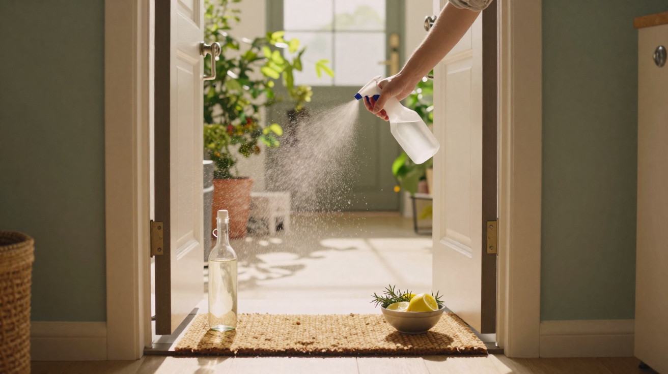 Pessoa borrifando spray em tapete de entrada com plantas ao fundo em ambiente iluminado.