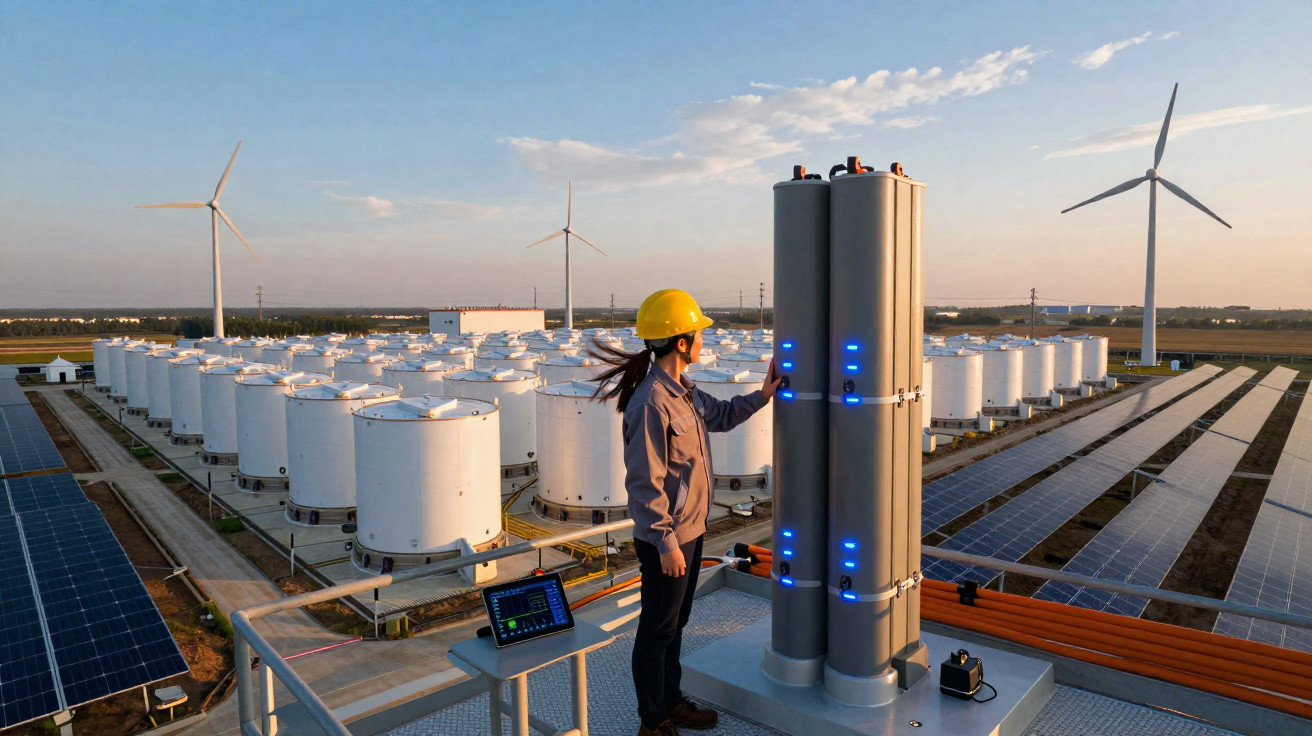 Mulher com capacete em usina solar e eólica, inspecionando baterias de armazenamento de energia.