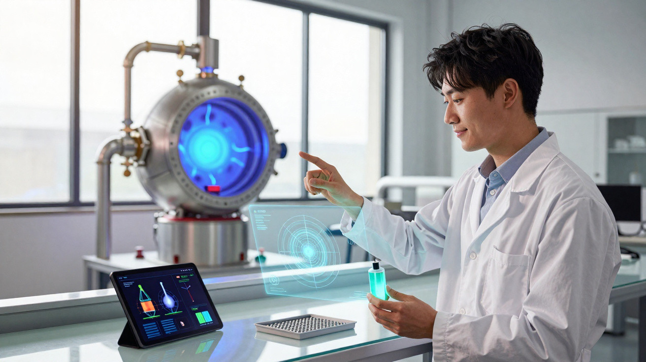 Cientista em laboratório interagindo com holograma e segurando frasco com líquido verde.