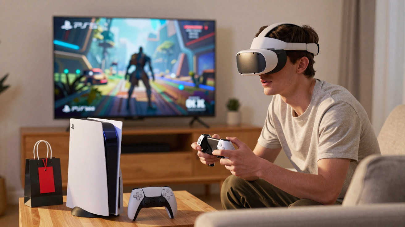 Jovem sentado no sofá jogando videogame com controle e óculos de realidade virtual, TV e console PS5 à frente.