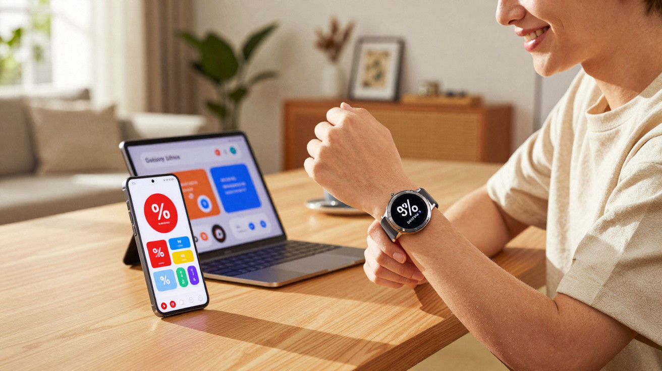 Pessoa usando smartwatch e smartphone com aplicativos abertos, ao lado de notebook em mesa de madeira.