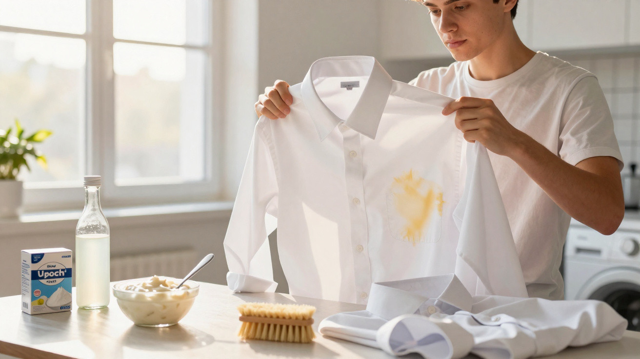 Jovem segura camisa branca com mancha amarela, sentado à mesa com produtos para limpeza ao lado.