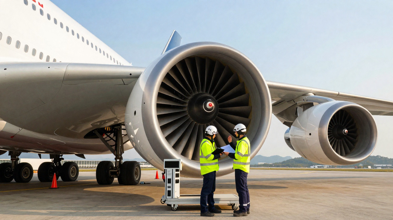 Dois técnicos com coletes amarelos e capacetes discutem perto do motor de avião estacionado no pátio do aeroporto.